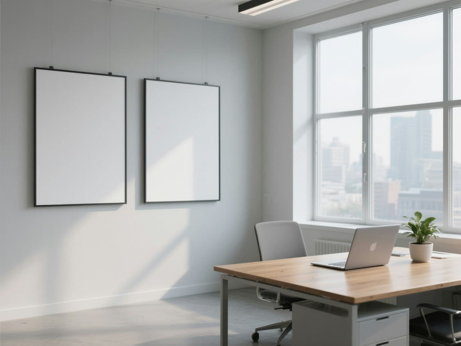 Escritório corporativo iluminado, com mesa de trabalho e vista para prédios da cidade